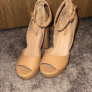 Sun + Stone Tan Peep-Toe Block Heels